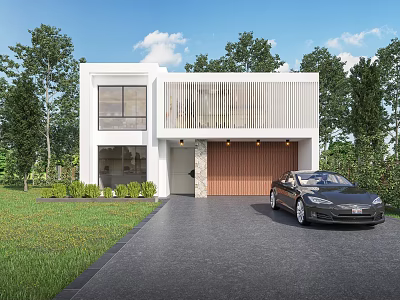 Modern Single Family House Exterior Wooden Garage Door Lush Green Trees Black Car On Driveway 3d model