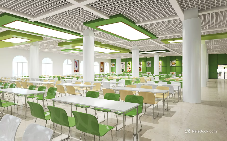 School Cafeteria Interior With Green White Chairs And Bright Ceiling Lights 3d model 
