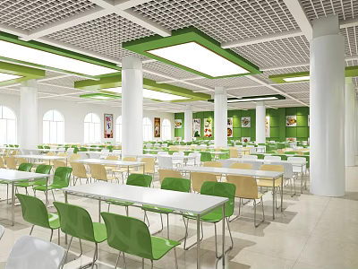 School Cafeteria Interior With Green White Chairs And Bright Ceiling Lights 3d model