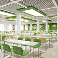 School Cafeteria Interior With Green White Chairs And Bright Ceiling Lights 3d model