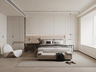 Modern Bedroom Interior Design With Platform Bed Built in Cabinets And Woven Rug 3d model