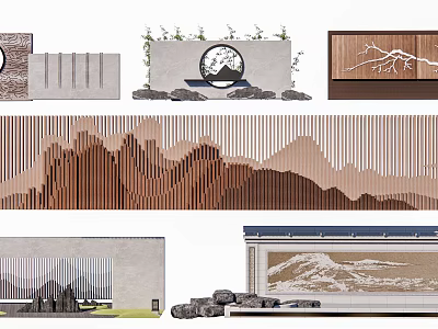 Chinese Landscape Wall Design With Wooden Mountain Pattern Stone Base And Plant Decor 3d model