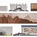 Chinese Landscape Wall Design With Wooden Mountain Pattern Stone Base And Plant Decor