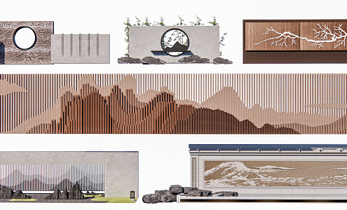 New Chinese style landscape wall landscape wall surrounding wall background wall rockery landscape wall 3d model