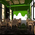 Modern Café Interior With Green Ceiling Large Windows Wooden Furniture And Marble Floor