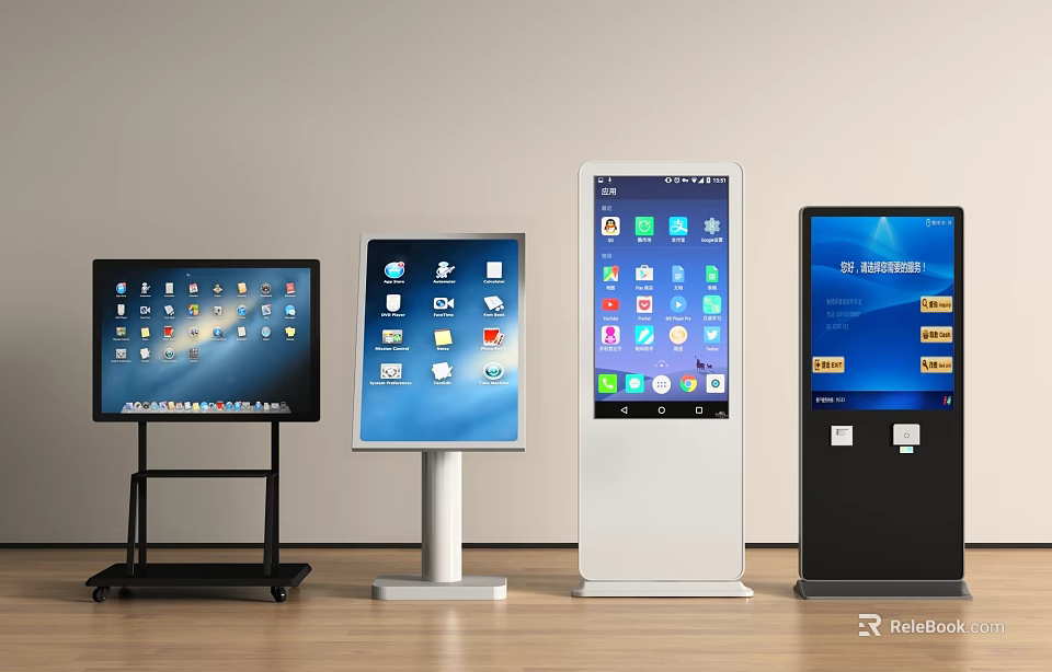Modern All in One Kiosks with Different Floor Stand Designs and Interactive Touchscreen Displays 3d model 