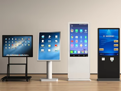 Modern All in One Kiosks with Different Floor Stand Designs and Interactive Touchscreen Displays 3d model