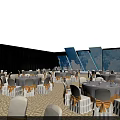 Blue Themed Banquet Hall With Round Tables Chairs Tablecloths Bow Decorations And Sky Background Screens