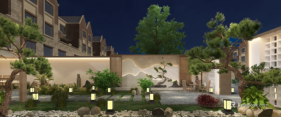 Modern Garden Landscape At Night Featuring Wooden Screen Mountain Pattern Green Plants And Lanterns 3d model 