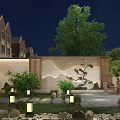 Modern Garden Landscape At Night Featuring Wooden Screen Mountain Pattern Green Plants And Lanterns
