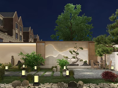 Modern Garden Landscape At Night Featuring Wooden Screen Mountain Pattern Green Plants And Lanterns 3d model