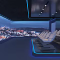 Modern Cinema Interior With Comfortable Seats City Night View And Blue Lighting