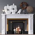 White Marble Fireplace With Gold Trim Sculptures Bird Figurine Wreath Lamp And Candles