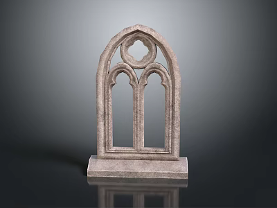 Ornate Stone Casement Window With Gothic Arch Design And Base Frame 3d model