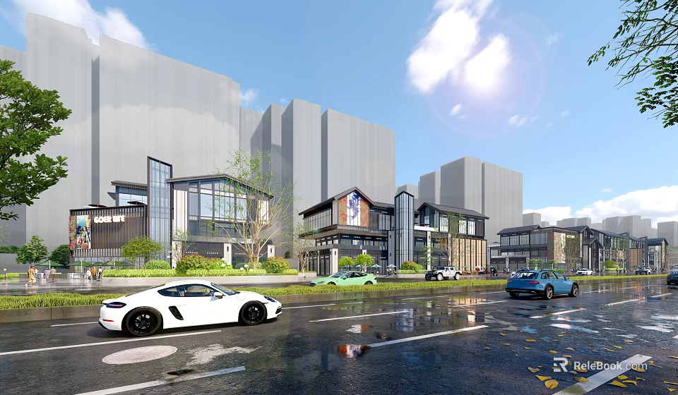 Vibrant Commercial Street With Modern Architecture Green Landscaping Pedestrians And Retail Shops 3d model 