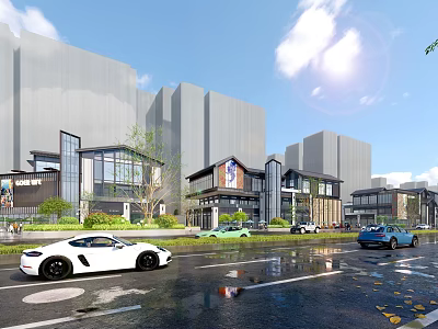Vibrant Commercial Street With Modern Architecture Green Landscaping Pedestrians And Retail Shops 3d model