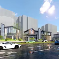 Vibrant Commercial Street With Modern Architecture Green Landscaping Pedestrians And Retail Shops