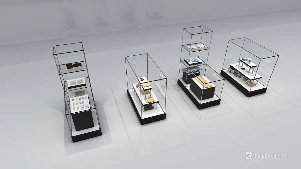 Modern Glass Showcase Shelves With Black Bases For Retail Product 3d model 