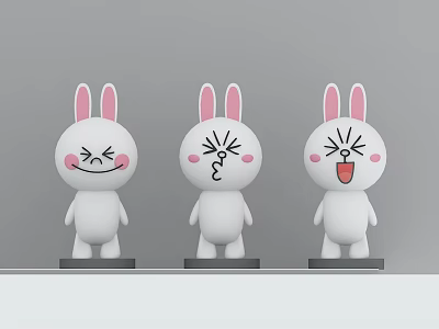 Three White Rabbit Dolls With Different Expressions And Blush Cheeks 3d model