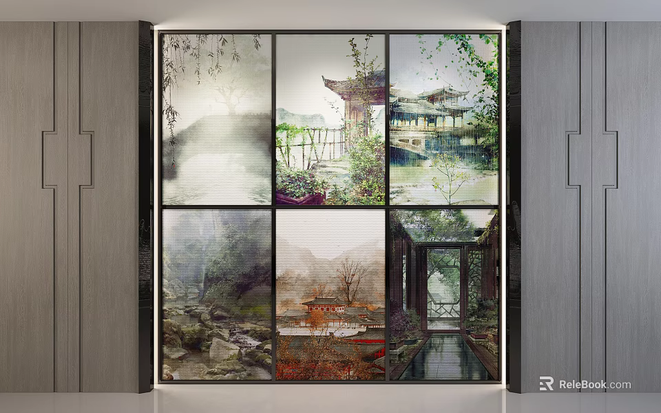 Traditional Chinese Landscape Painting With Pavilion Mountain Water Stone Path And Trees 3d model 