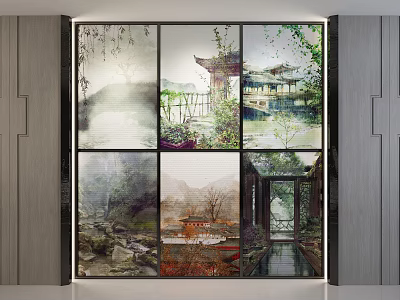 Traditional Chinese Landscape Painting With Pavilion Mountain Water Stone Path And Trees 3d model
