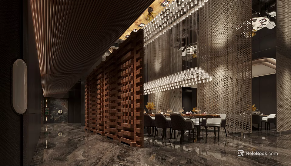 Luxurious Private Dining Room With Wooden Partition And Crystal Chandeliers 3d model 