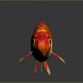 Bright Red Goldfish Showcasing Golden Scales Flowing Fins and Curved Tail