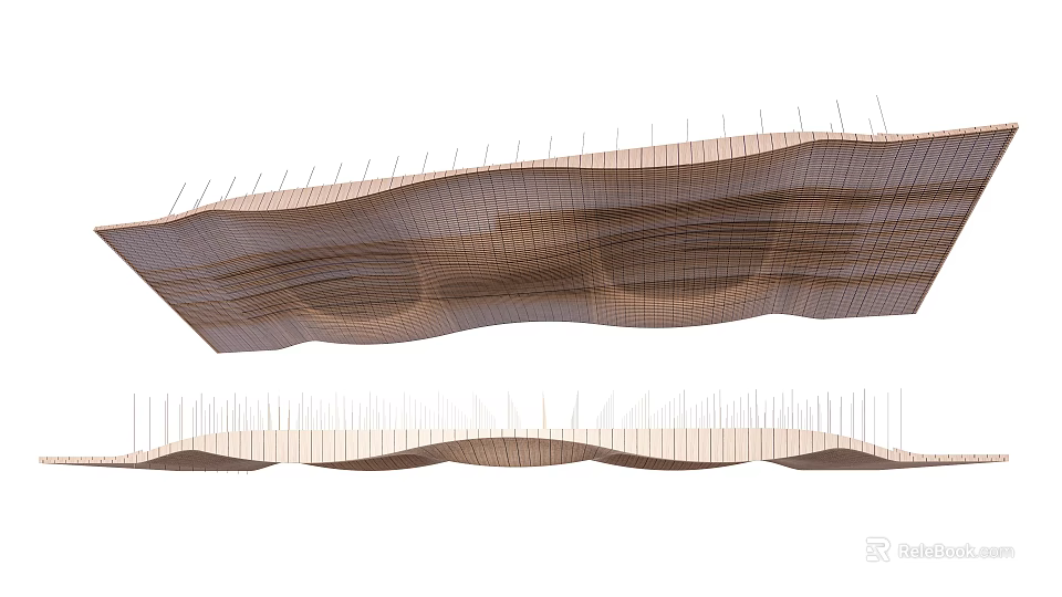 Modern Wooden Ceiling Design With Wavy Structure And Textured Surface 3d model 