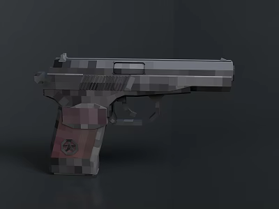 Detailed Pixel Style Pistol With Camouflage Pattern And Red Logo On Grip 3d model