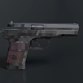 Detailed Pixel Style Pistol With Camouflage Pattern And Red Logo On Grip