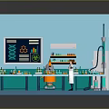 Laboratory Interior Design With Blue Walls Lab Tables Lab Equipment And Person In White Coat