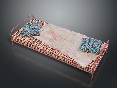 Pink Metal Bed Frame With Floral Pattern Mattress And Two Geometric Design Pillows 3d model