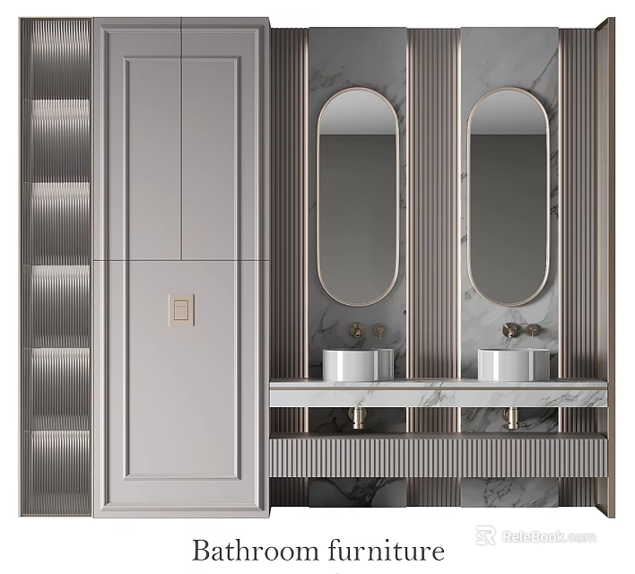 Modern Bathroom Vanity With Double Oval Mirrors White Sinks Marble Countertop And Striped Gray Cabinets 3d model 