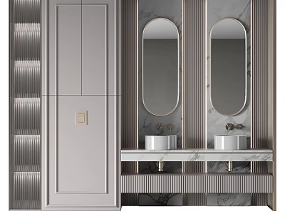 Modern Bathroom Vanity With Double Oval Mirrors White Sinks Marble Countertop And Striped Gray Cabinets 3d model