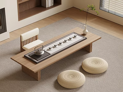 Modern Wooden Tea Table and Chairs with Tea Tray Vase Green Plant and Wicker Cushions 3d model