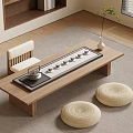 Modern Wooden Tea Table and Chairs with Tea Tray Vase Green Plant and Wicker Cushions