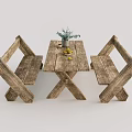 Rustic Wooden Table And Bench Set With Plant And Fresh Fruits