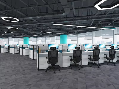 Modern Public Office Space With Partitioned Workstations Computer Monitors Black Office Chairs And Large Windows 3d model