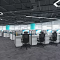 Modern Public Office Space With Partitioned Workstations Computer Monitors Black Office Chairs And Large Windows