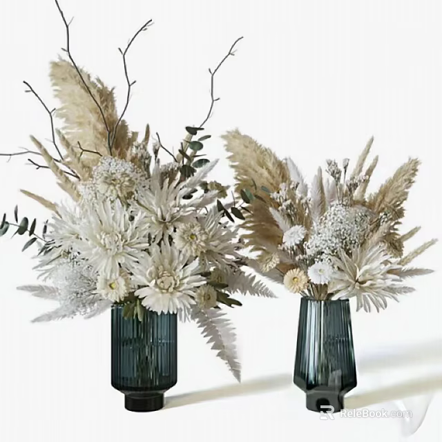 Decorative Ornament Set With White Beige Dried Flowers and Dark Green Vases For Home Decor 3d model 