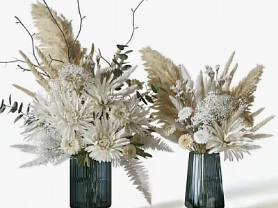 Decorative Ornament Set With White Beige Dried Flowers and Dark Green Vases For Home Decor 3d model