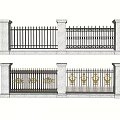 Architectural Exterior Wall Featuring Decorative Iron Railings With Golden Patterns And Stone Pillars