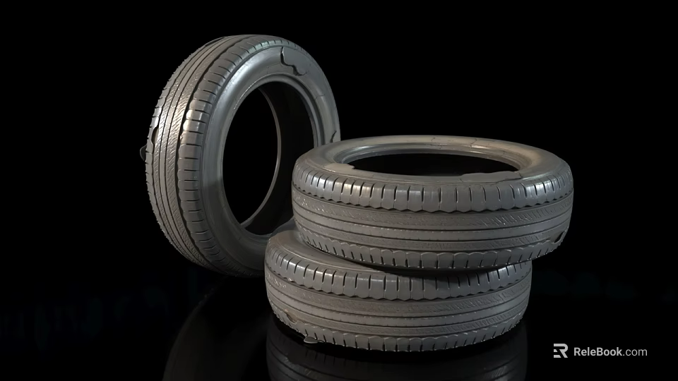 Three Car Tires Stacked and Leaning With Detailed Tread Pattern 3d model