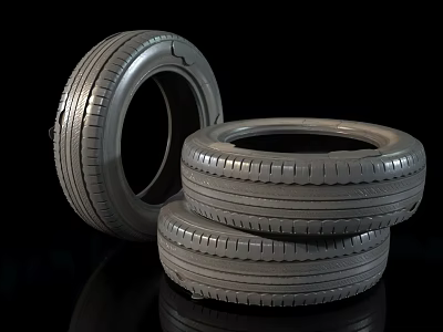 Three Car Tires Stacked and Leaning With Detailed Tread Pattern 3d model