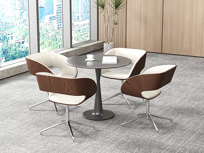 Modern Leisure Chairs With Brown White Design Metal Legs Round Table And City View 3d model