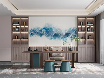 Modern Tea Room Interior With Tea Table Wooden Bookshelves Blue Ink Painting And Green Plant 3d model