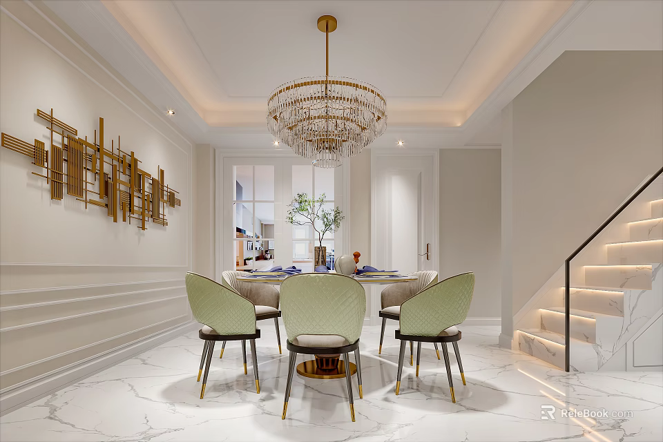 Elegant Modern Restaurant Interior With Crystal Chandelier Artistic Wall Decor And Green Chairs 3d model 