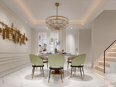Elegant Modern Restaurant Interior With Crystal Chandelier Artistic Wall Decor And Green Chairs 3d model