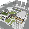 Modern Urban Commercial Complex With Green Roof Design And Retail Dining Spaces