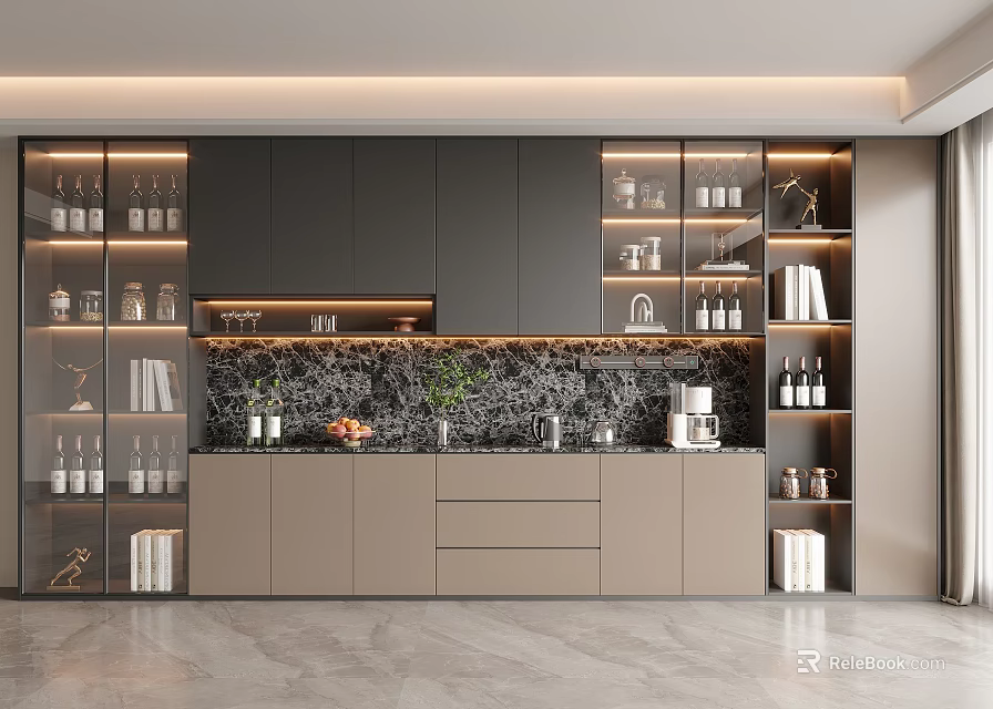 Sleek Modern Wine Cabinet Design With Built-in Lighting Neutral Tones Wine Bottles And Books 3d model 